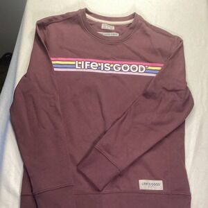 Life Is Good Womens Plum Burgundy Rainbow Stripe Crewneck Sweatshirt M